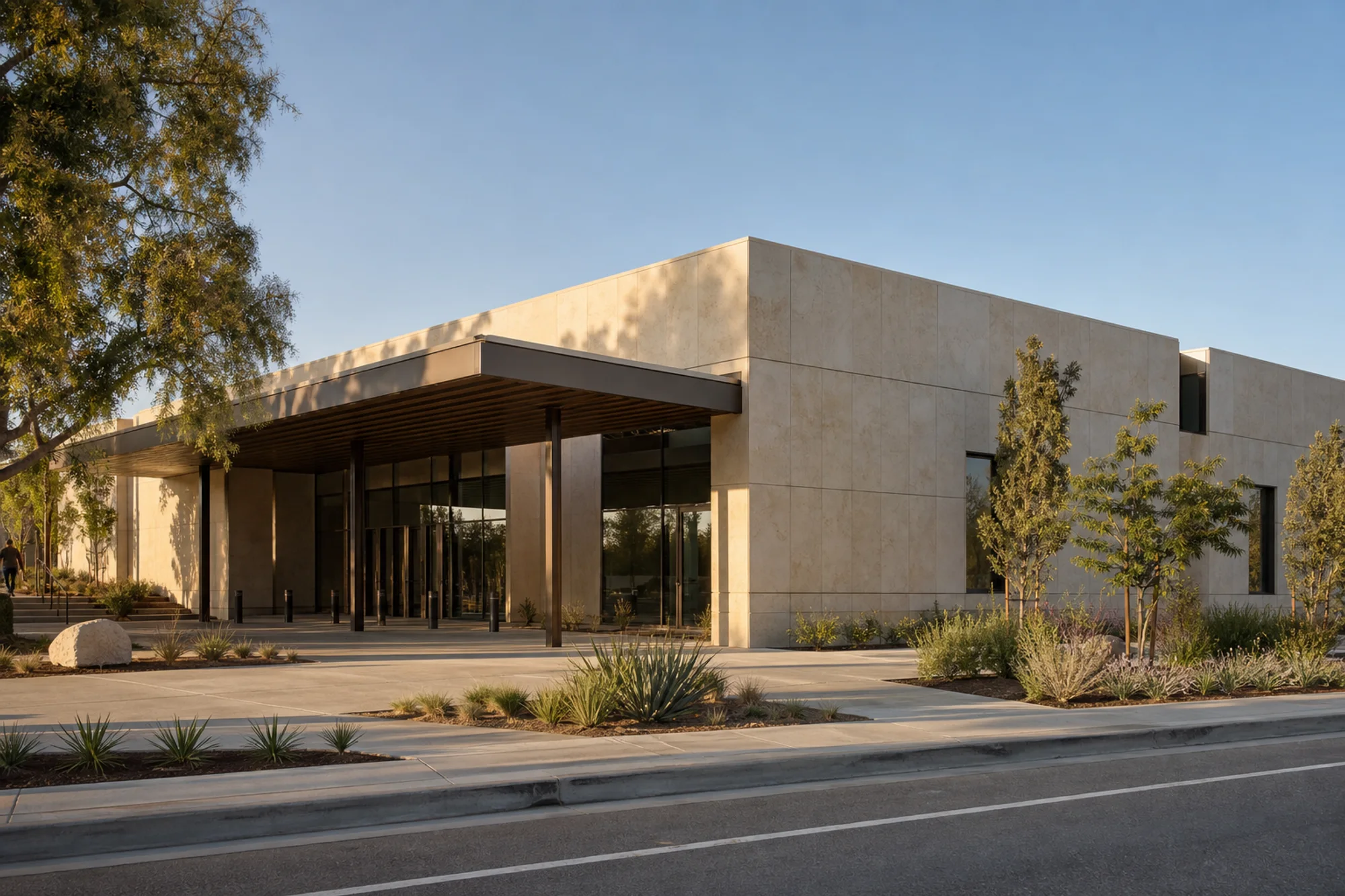 Contemporary community building in warm natural light