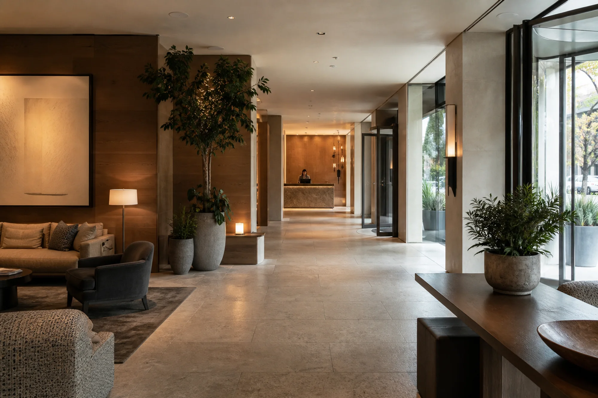 Contemporary hotel lobby with warm wood, stone, and natural light